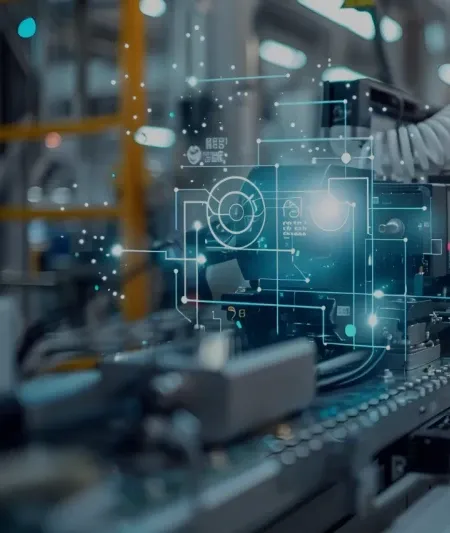 Manufacturing team using technology to improve production and efficiency