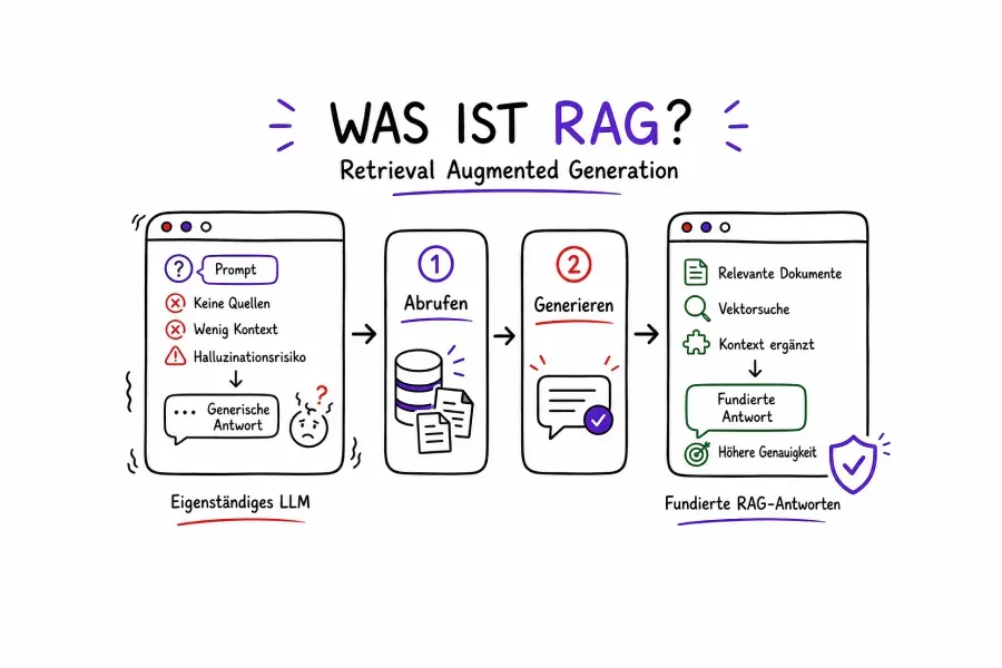 Handgezeichnete Datenbank, per Pfeil mit einer Chat-Blase verbunden, mit der Aufschrift „RAG, Explained" - ein Leitfaden zu Retrieval Augmented Generation
