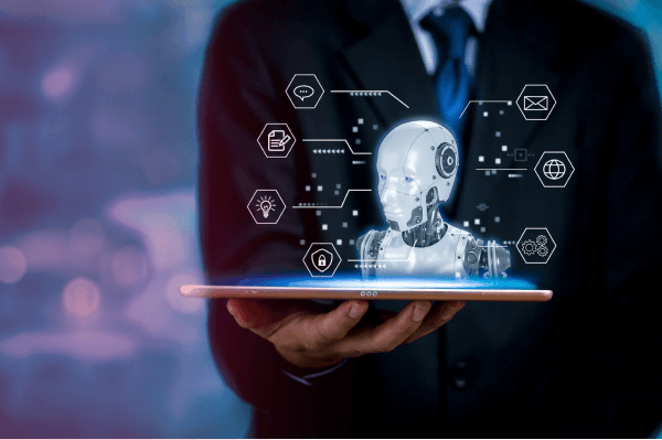 AI Business Intelligence concept with a humanoid and data icons on a tablet