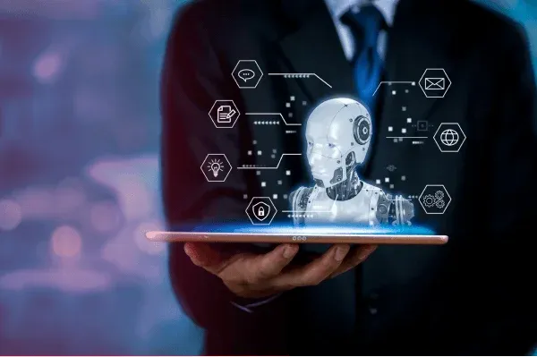 AI Business Intelligence concept with a humanoid and data icons on a tablet