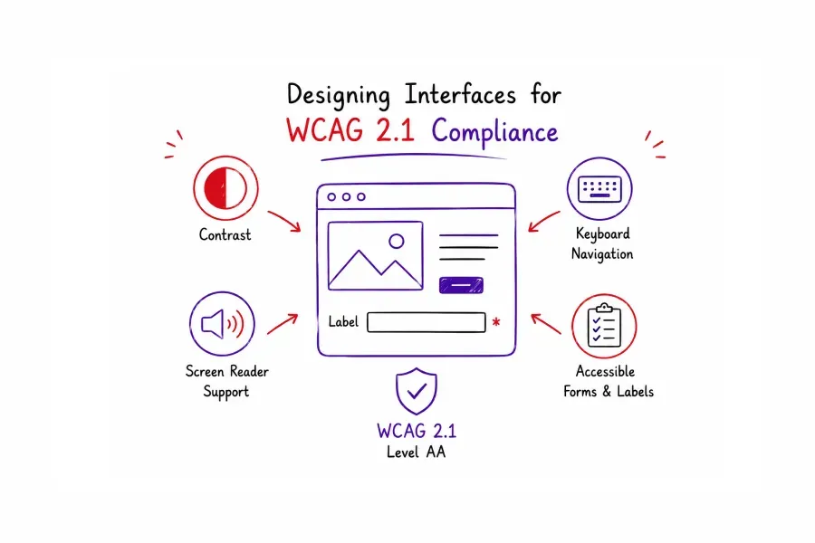 Hand-drawn accessibility figure in a circle labeled WCAG 2.1 - designing interfaces for WCAG 2.1 compliance