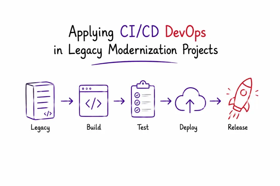 Sketchnote-style illustration of a CI/CD pipeline loop with a gear and the stages build, test, and deploy - applying CI/CD and DevOps in legacy modernization projects