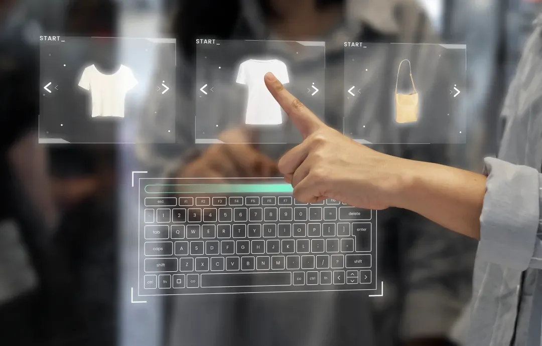 A person interacting with a futuristic digital interface displaying e-commerce clothing items