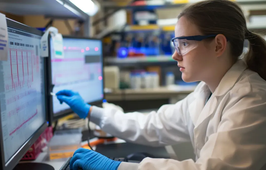 A young female scientist wearing a white lab coat, safety glasses, and blue gloves intently analyzing data graphs on dual computer monitors in a laboratory