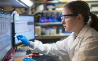 Eine junge Wissenschaftlerin in Laborkittel, Schutzbrille und blauen Handschuhen analysiert konzentriert Datengraphen auf zwei Computermonitoren in einem Labor.