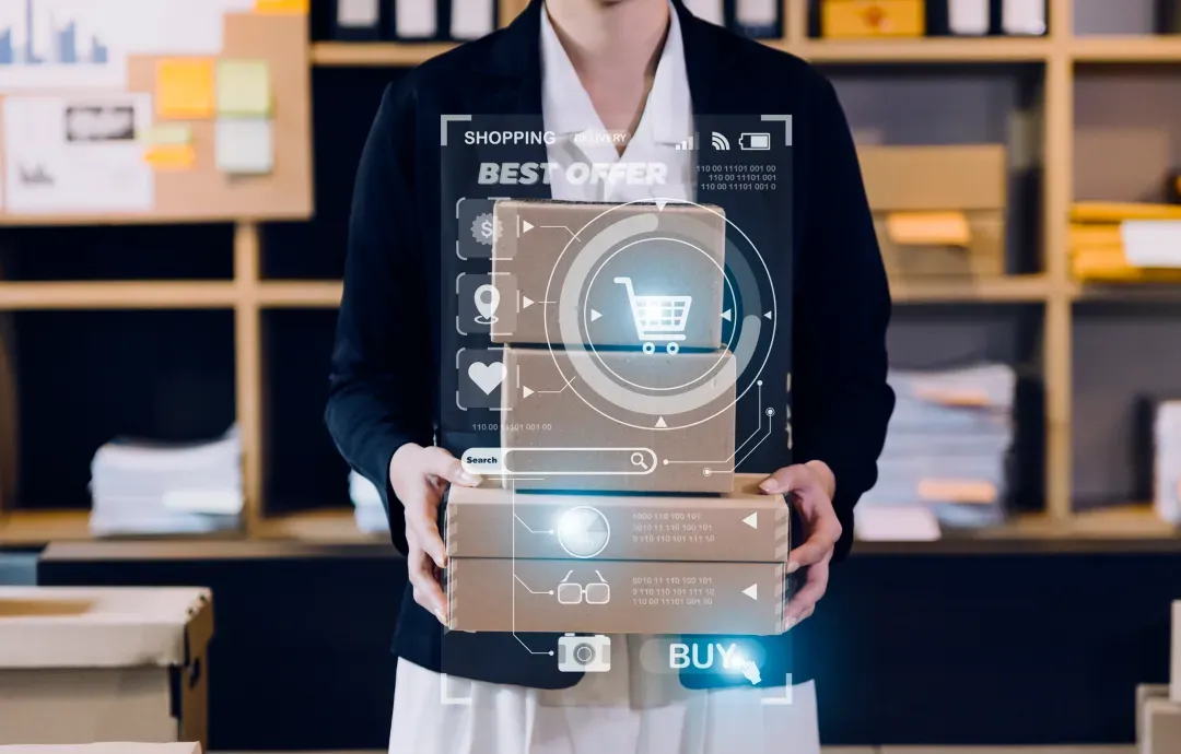 A person holding cardboard packages with a digital shopping interface overlay