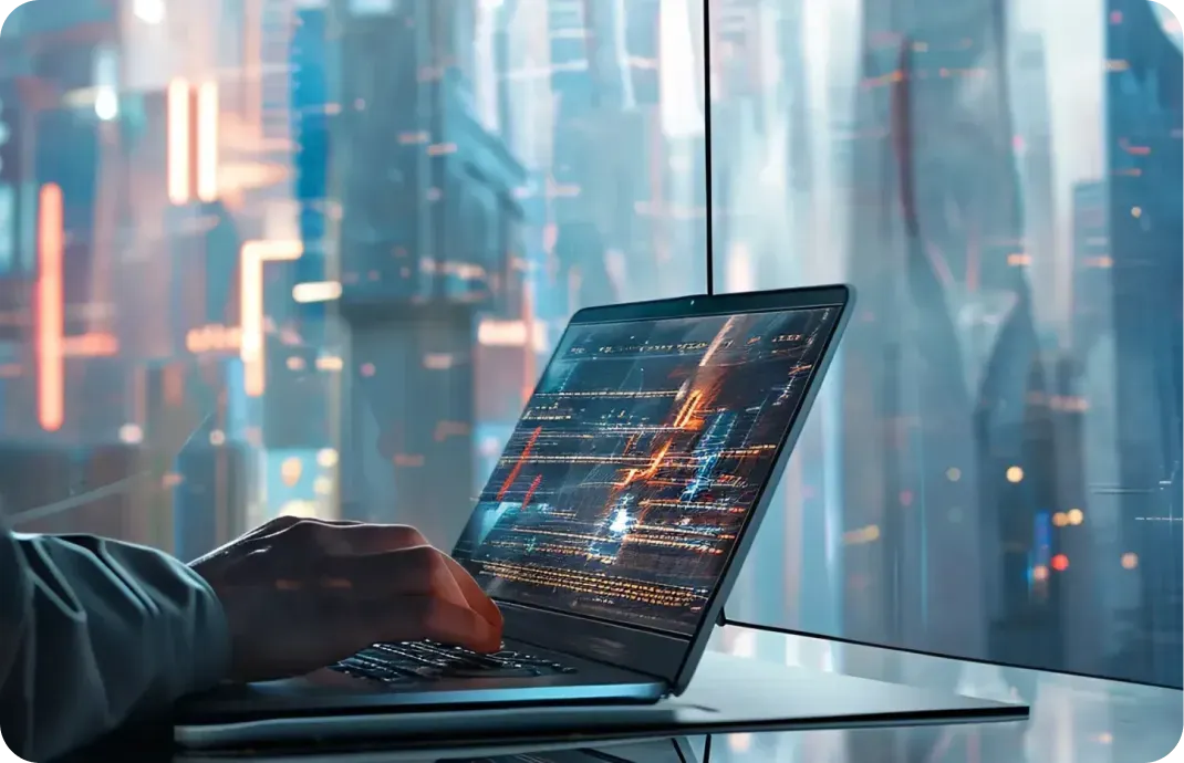 person coding on a laptop with a futuristic city view card - image