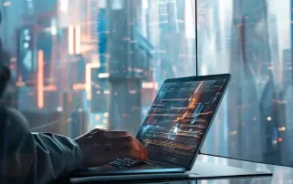 Person coding on a laptop with a futuristic city view