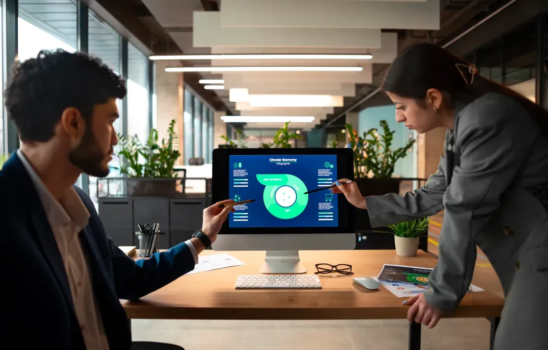 Two professionals analyzing compliance data on a computer monitor in a modern office