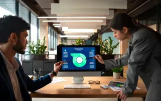 Two professionals analyzing compliance data on a computer monitor in a modern office